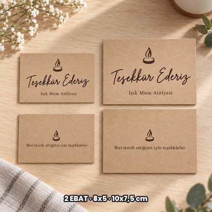 Kraft teşekkür kartı seçenekleri: 2 EBAT, 8x5, 10x7,5 cm