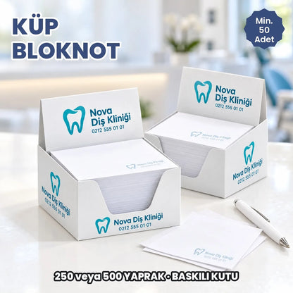 Küp bloknot: logo baskılı karton kutusunda 7,8x7,8 cm küp bloknot, 250 ve 500 yapraklı modeller