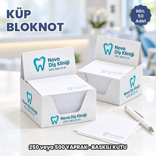 Küp bloknot: logo baskılı karton kutusunda 7,8x7,8 cm küp bloknot, 250 ve 500 yapraklı modeller