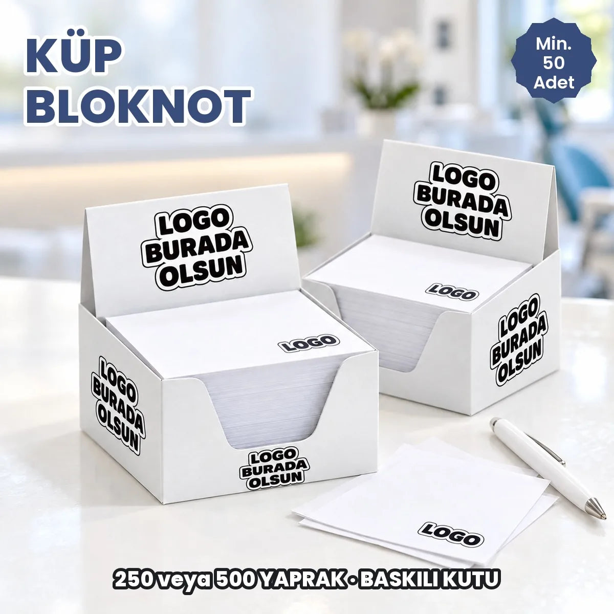 Küp bloknot: logonuzun basılacağı alanları gösteren örnek görsel, logo burada olsun
