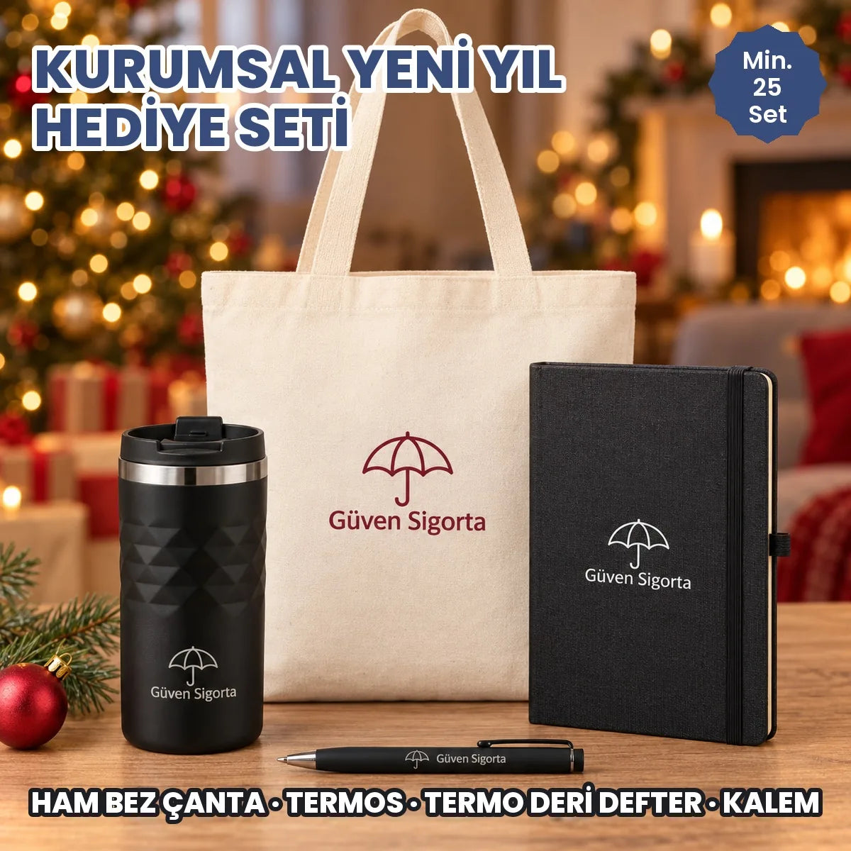 Kurumsal yeni yıl hediye seti örneği: firma logolu ham bez çanta, siyah termos, termo deri defter ve kalem