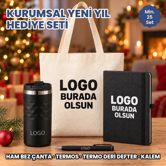 Kurumsal yeni yıl hediye seti: logonuzun basılacağı ham bez çanta, termos, termo deri defter ve kalem