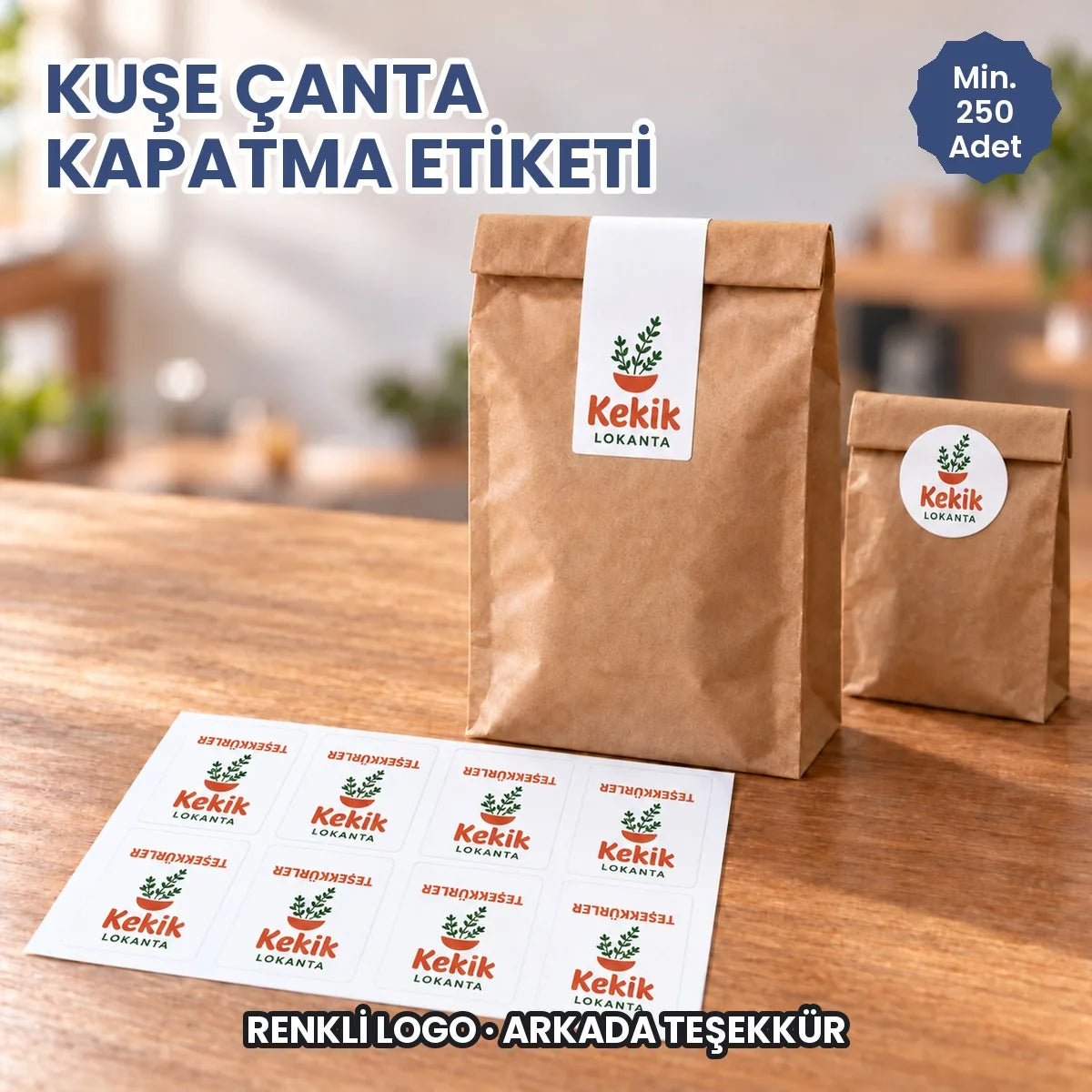 Kekik Lokanta logolu kuşe kapatma etiketiyle kapatılmış paket servis çantası ve etiket tabakası