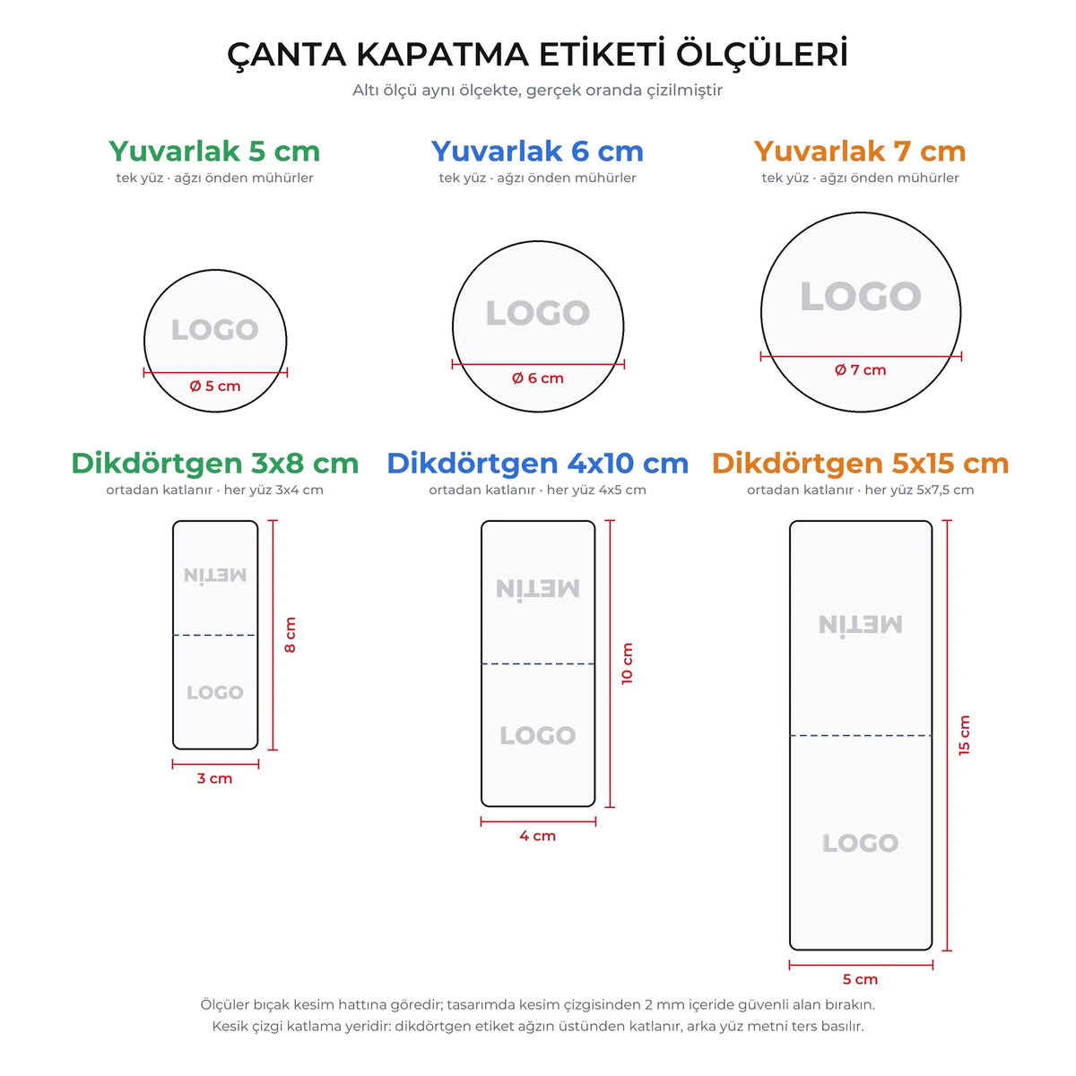 Çanta kapatma etiketi ölçüleri: yuvarlak 5, 6, 7 cm tek yüz; dikdörtgen 3x8, 4x10, 5x15 cm ortadan katlanır