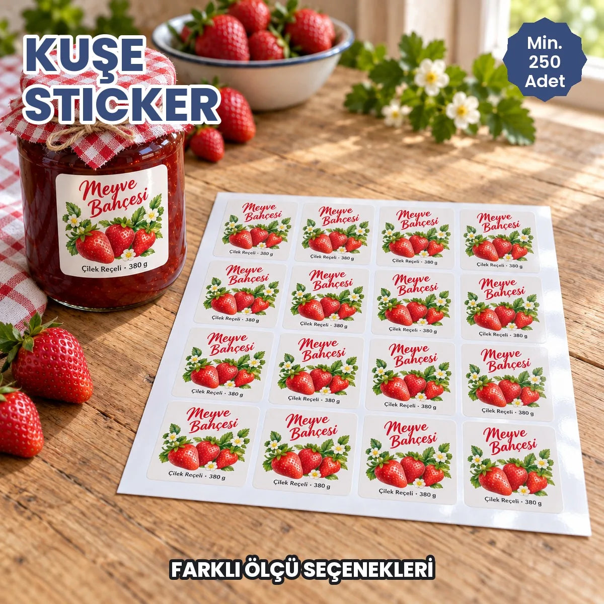 Kuşe sticker baskı: reçel kavanozuna yapıştırılmış etiket ve tabakadan ayrılan kuşe etiketler