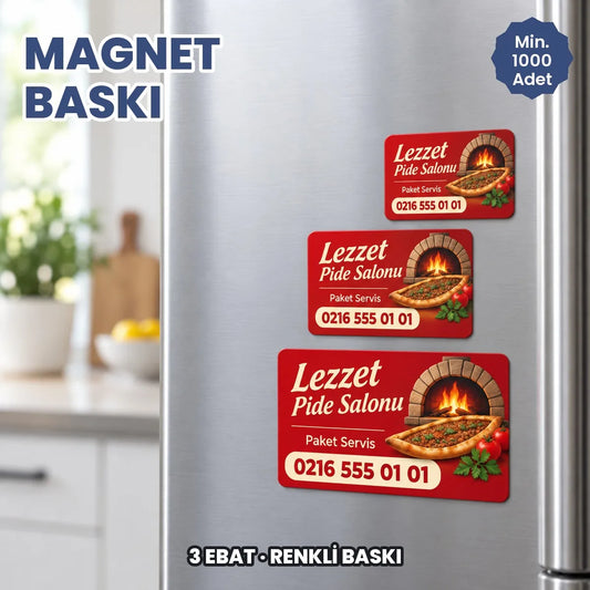 Magnet baskı: buzdolabı kapağında üç farklı ebatta renkli baskılı firma magneti