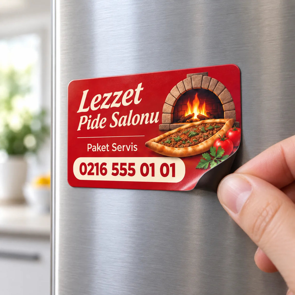 Magnet yakın plan: esnek ince magnet, kahverengi mıknatıs arka yüz ve parlak renkli baskı
