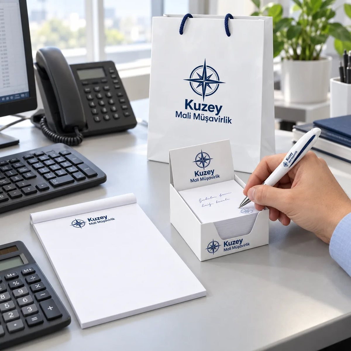 Masaüstü promosyon seti: ofis masasında klavyenin yanında logo baskılı küp bloknot, bloknot ve kalem