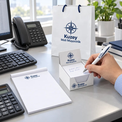 Masaüstü promosyon seti: ofis masasında klavyenin yanında logo baskılı küp bloknot, bloknot ve kalem