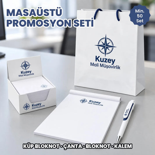 Masaüstü promosyon seti: logo baskılı küp bloknot, tutkallı bloknot, karton çanta ve kalem