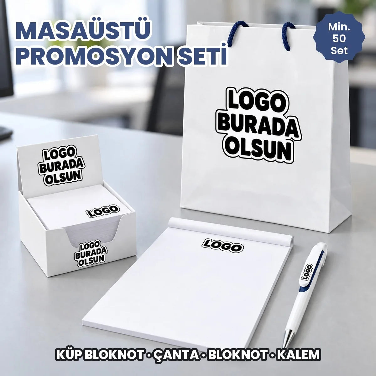 Masaüstü promosyon seti: logonuzun basılacağı alanları gösteren örnek görsel, logo burada olsun