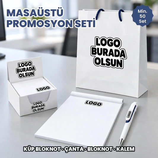 Masaüstü promosyon seti: logonuzun basılacağı alanları gösteren örnek görsel, logo burada olsun