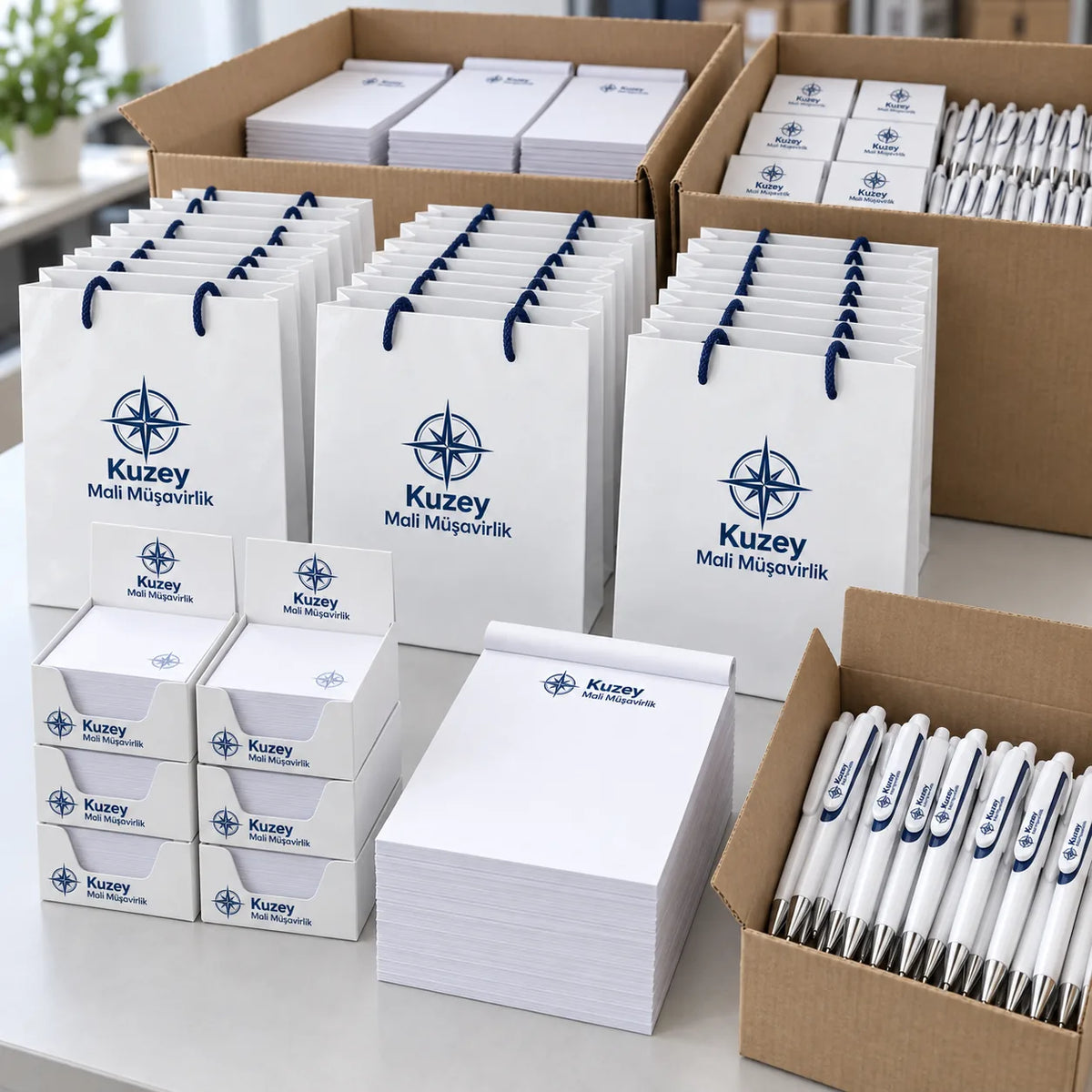 Masaüstü promosyon seti: 50 setlik toplu sipariş; küp bloknotlar, karton çantalar, bloknotlar ve kalemler kolide
