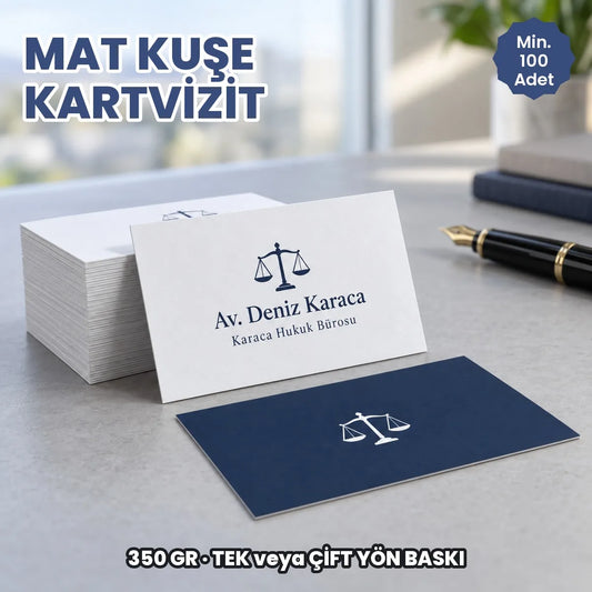 Mat kuşe kartvizit: 350 gr mat kuşe kartona baskılı kartvizit destesi, ön ve arka yüz