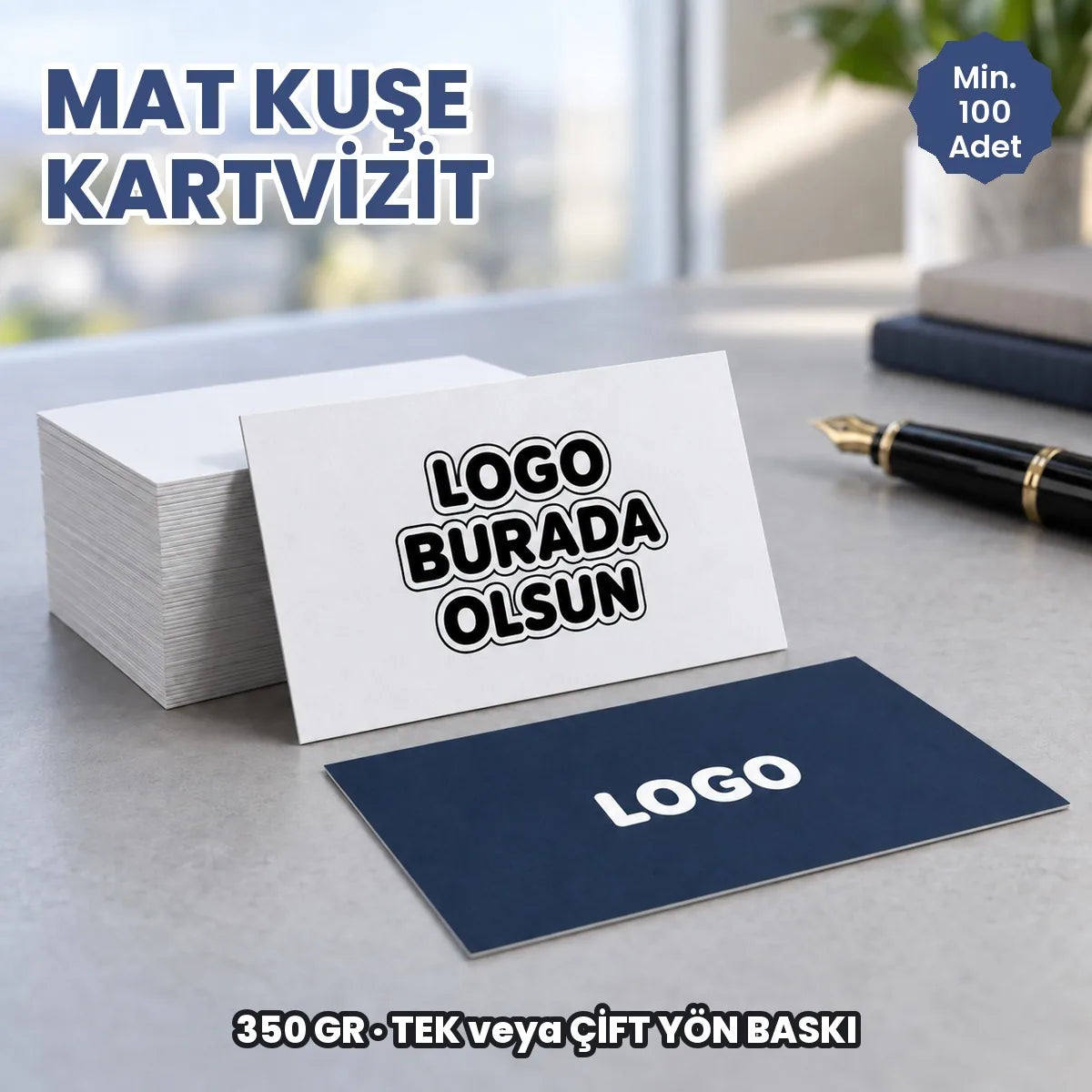 Mat kuşe kartvizit: logonuzun basılacağı alanları gösteren örnek görsel, logo burada olsun