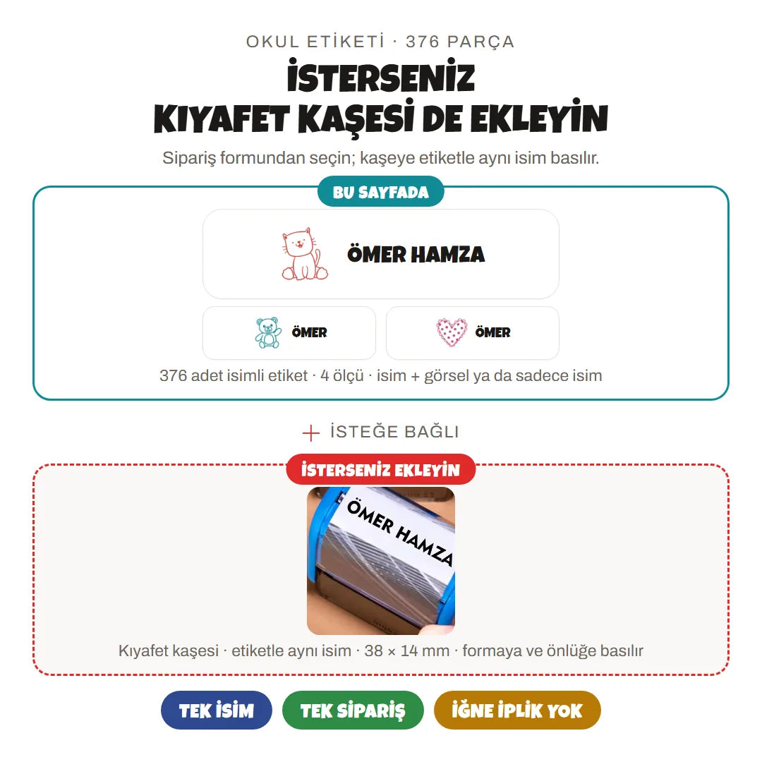 Okul etiketi seti 376 parça; isterseniz aynı isimle kıyafet kaşesi ekleyin, 38x14 mm, formaya ve önlüğe basılır