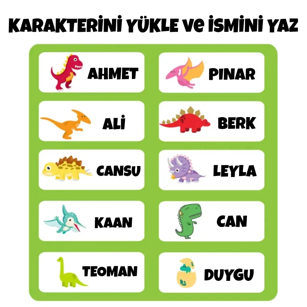 Okul etiketi ikon seçenekleri – dinozor ikonlu isimli etiket örnekleri