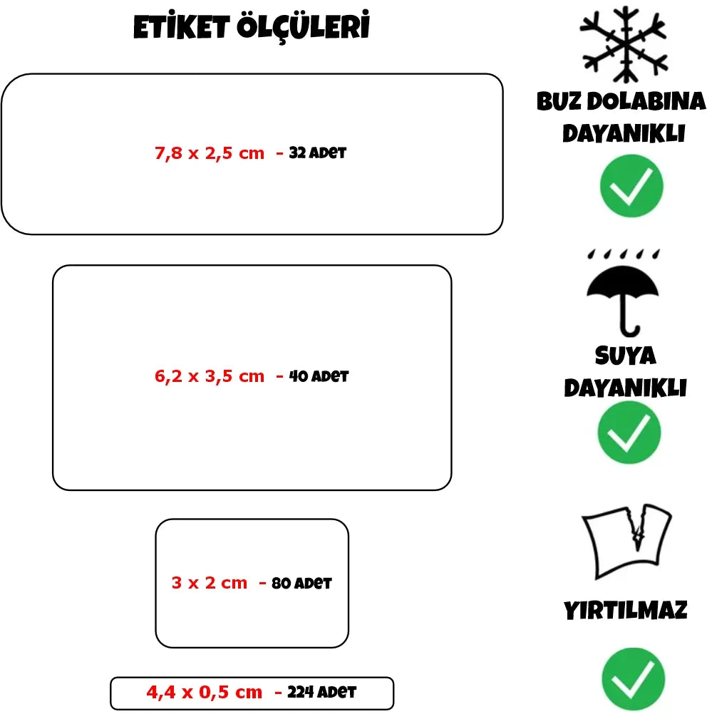 Okul etiketi ölçüleri – 4 farklı ölçü, toplam 376 adet; suya ve buzdolabına dayanıklı