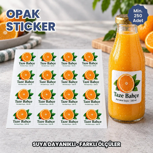 Opak sticker baskı: su damlalı meyve suyu şişesinde suya dayanıklı etiket ve tabakadan ayrılan opak sticker