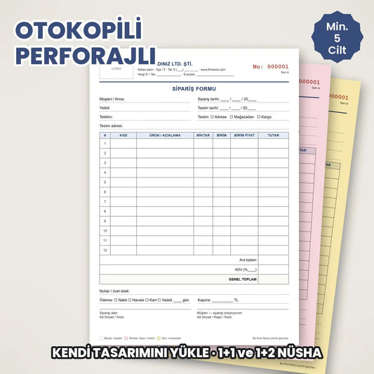 Otokopili perforajlı koçan, kendi tasarımınızla firma logolu form ve makbuz baskısı, min 5 cilt