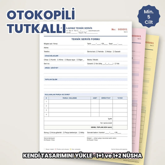 Otokopili tutkallı koçan, kendi tasarımınızla firma logolu form ve makbuz baskısı, min 5 cilt