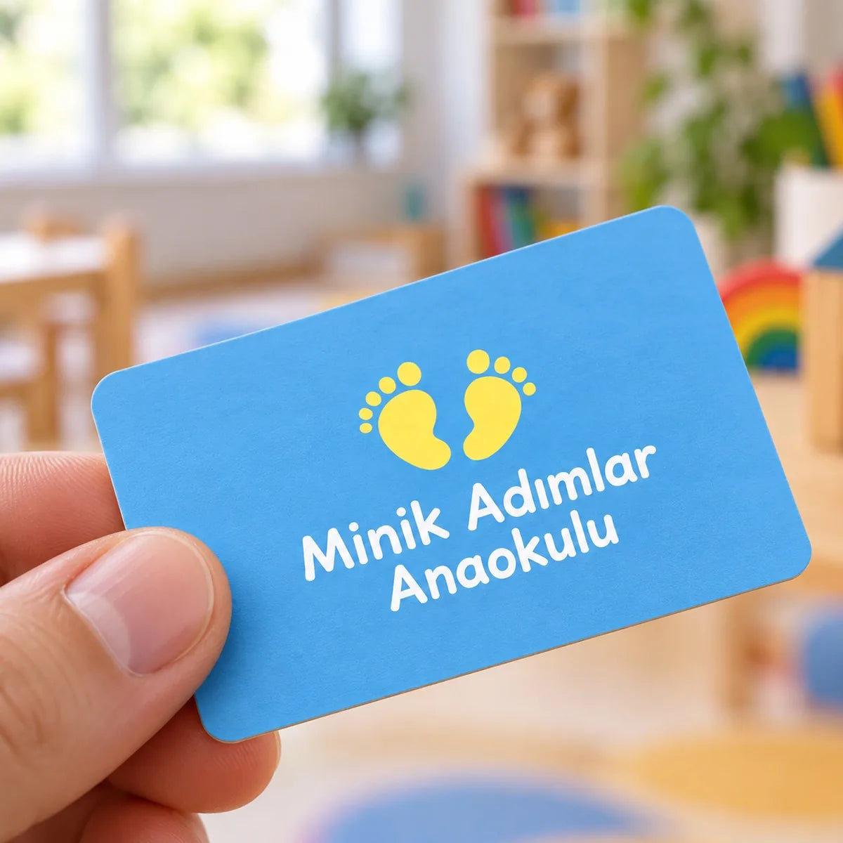 Oval köşe kartvizit yakın plan: kâğıt, kenar ve net baskı ayrıntısı