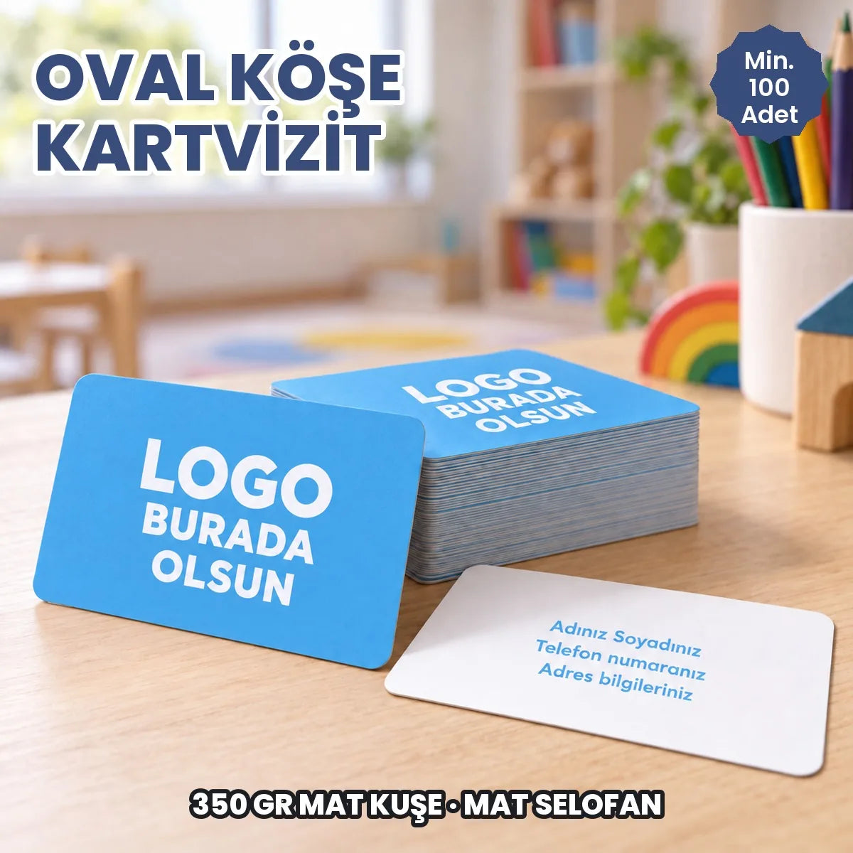 Oval köşe kartvizit: logonuzun ve bilgilerinizin basılacağı alanları gösteren kapak görseli