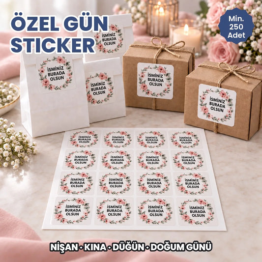 Özel gün sticker: isim ve tarihinizin basılacağı nişan, kına, düğün ve doğum günü etiketleri