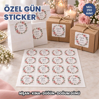 Özel gün sticker: nişan hediyelik poşetlerinde isim baskılı kare kuşe sticker ve sticker tabakası