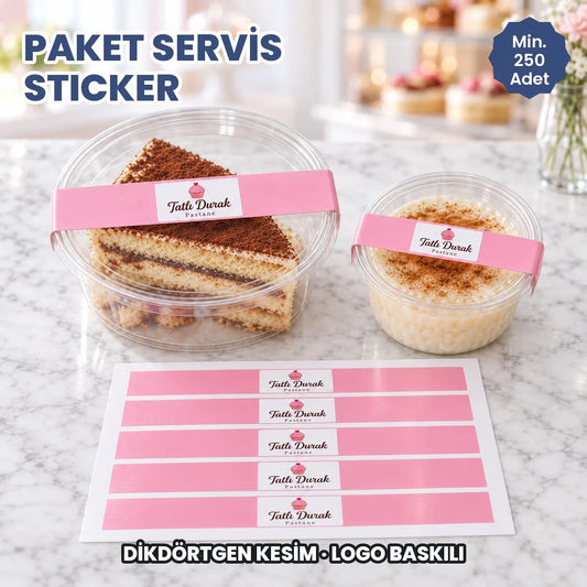 Paket servis sticker: pasta kabını kapatan logo baskılı dikdörtgen gıda ambalaj etiketi