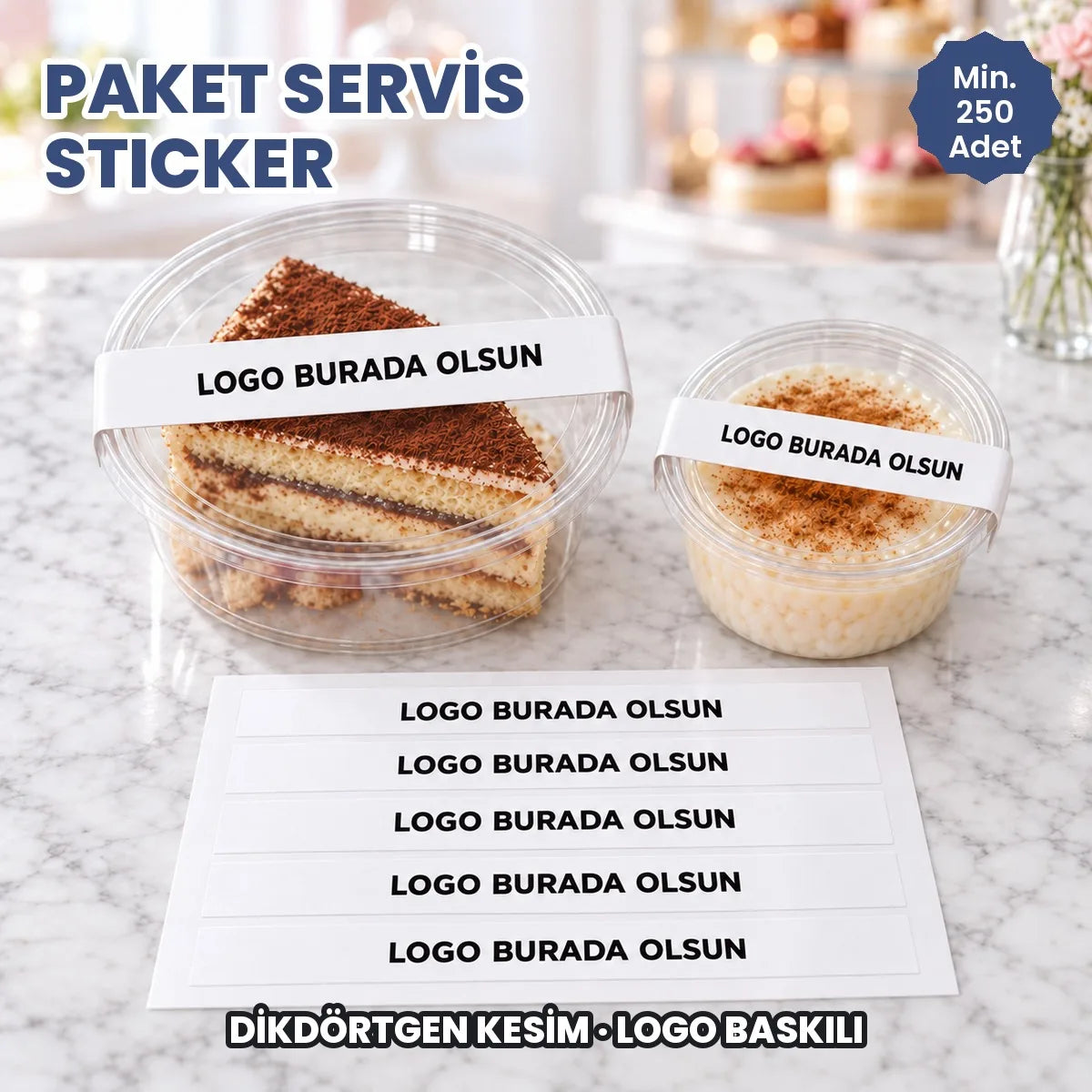 Paket servis sticker: logonuzun basılacağı düz şerit etiket yuvarlak şeffaf kabın kapağında