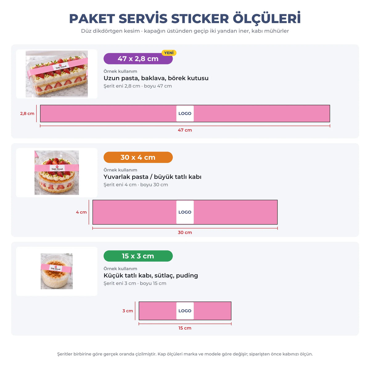 Paket servis sticker ölçüleri: 47x2,8 cm, 30x4 cm ve 15x3 cm dikdörtgen şeritler, örnek kaplarla