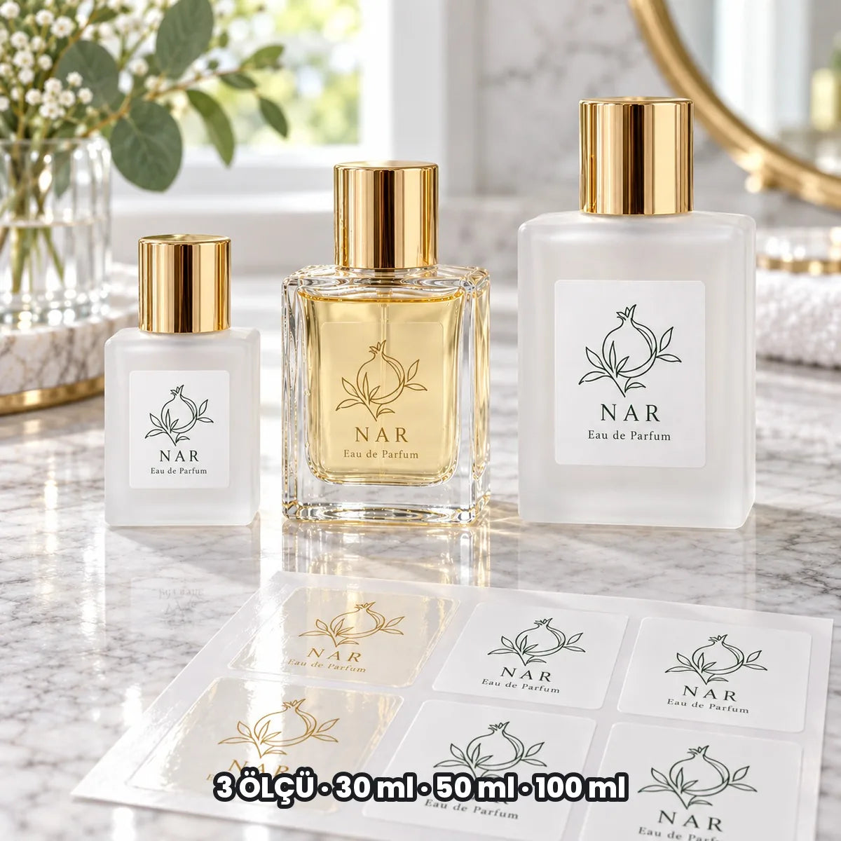 Parfüm etiketi seçenekleri: 3 ÖLÇÜ, 30 ml, 50 ml, 100 ml