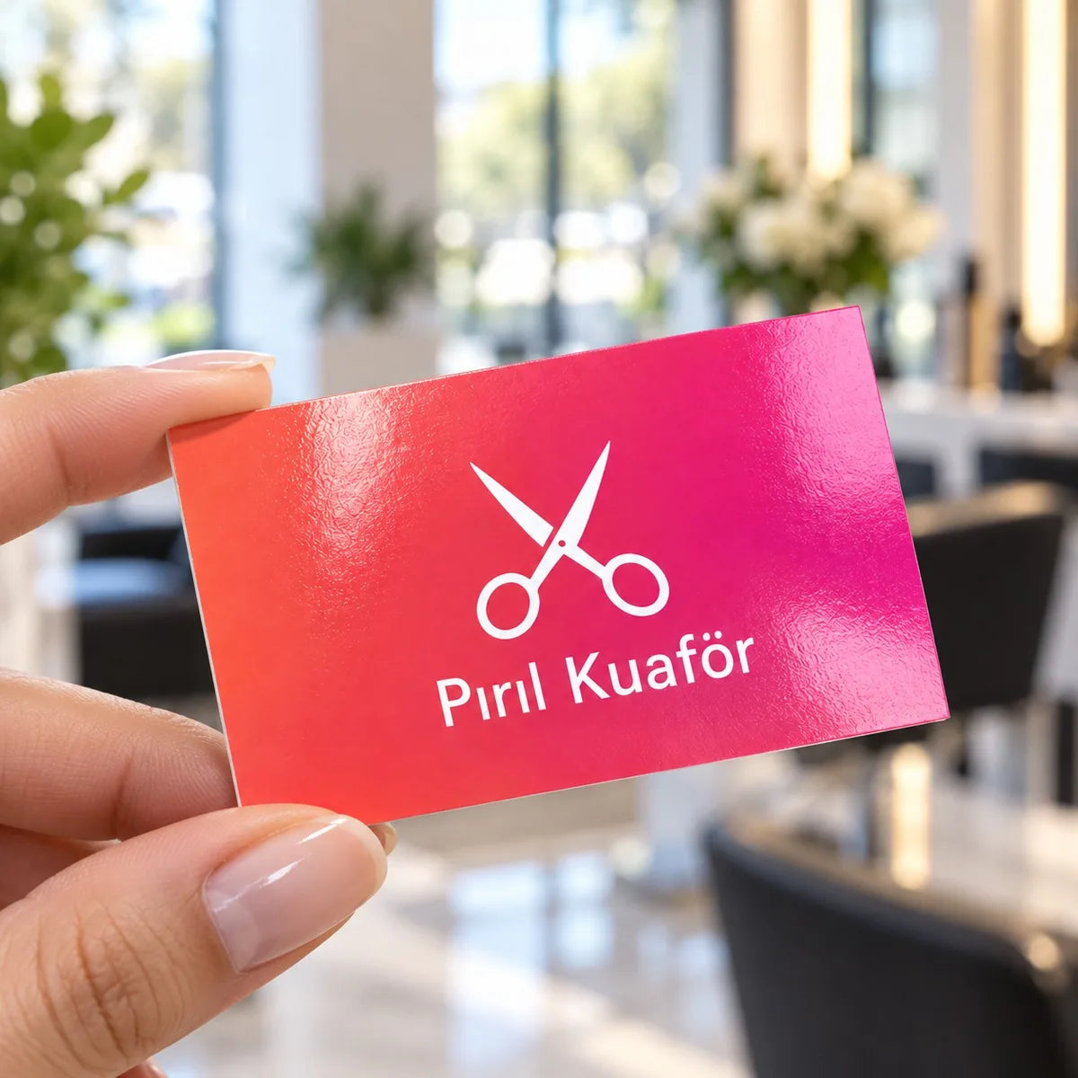 Parlak yüzey kartvizit yakın plan: kâğıt, kenar ve net baskı ayrıntısı