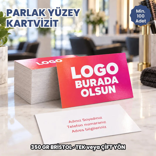 Parlak yüzey kartvizit: logonuzun ve bilgilerinizin basılacağı alanları gösteren kapak görseli