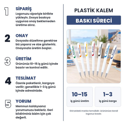 Plastik kalem baskı süreci: sipariş, onay, 10–15 iş günü üretim, 1–3 iş günü kargo, yorum