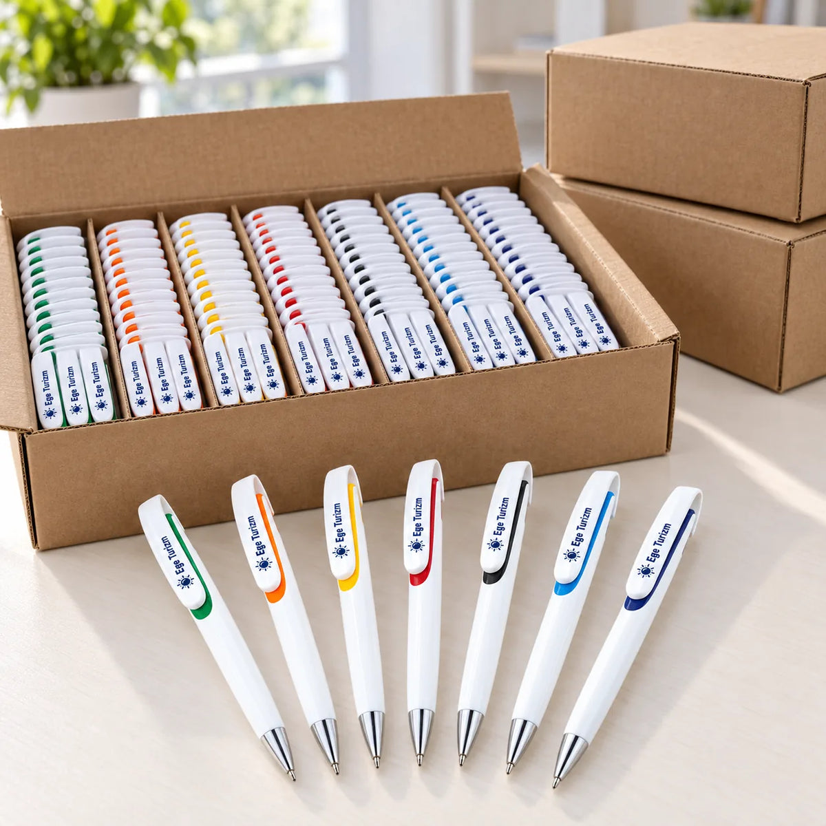 Plastik kalem toplu sipariş: kolide sıralı 250 adet logo baskılı promosyon kalem