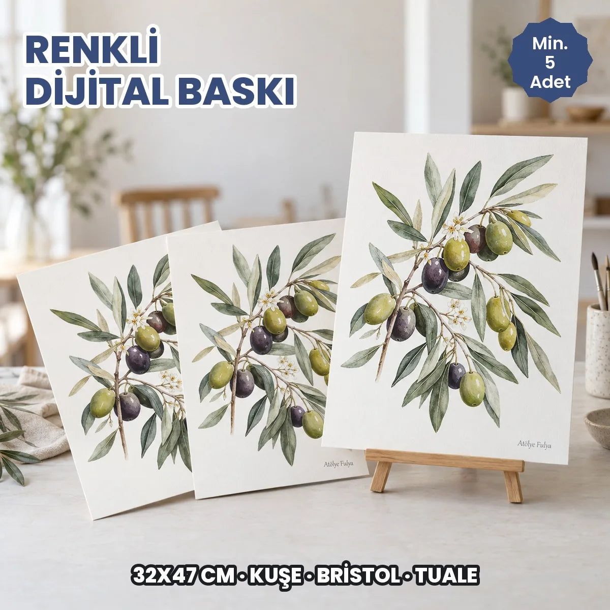 Renkli dijital baskı: 32x47 cm kalın gramajlı kâğıda renkli baskı, kuşe, bristol ve tuale