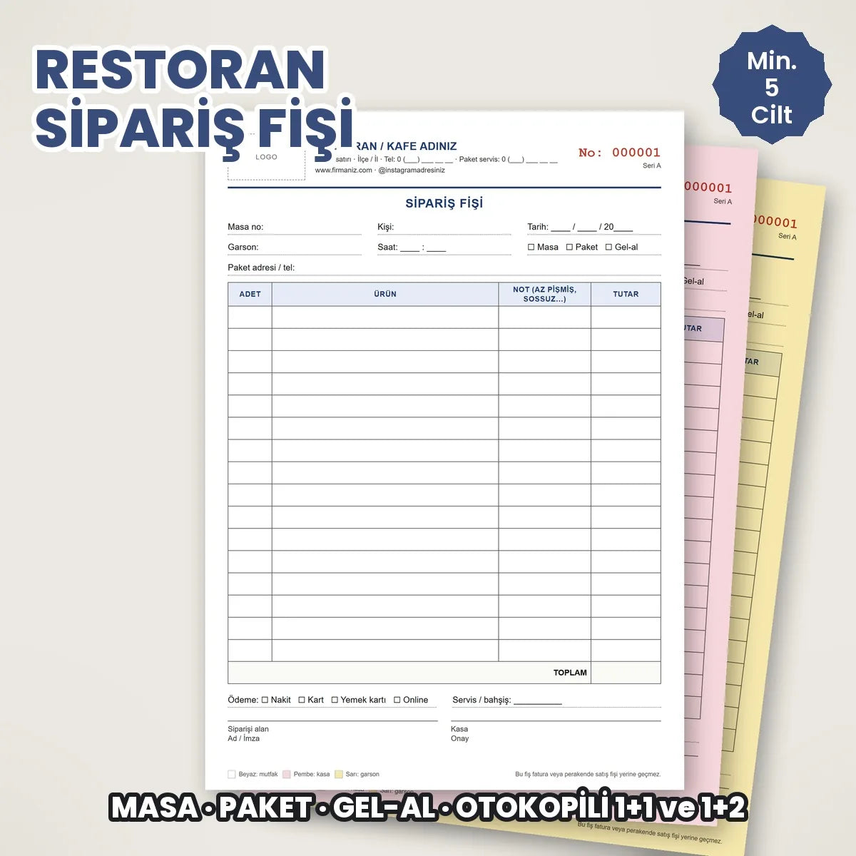 Restoran ve kafe için otokopili sipariş fişi koçanı, masa no ve paket servis alanlı, logolu