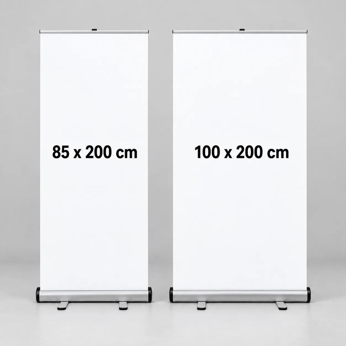 Roll up banner ölçüleri: 85x200 cm ve 100x200 cm yan yana karşılaştırma