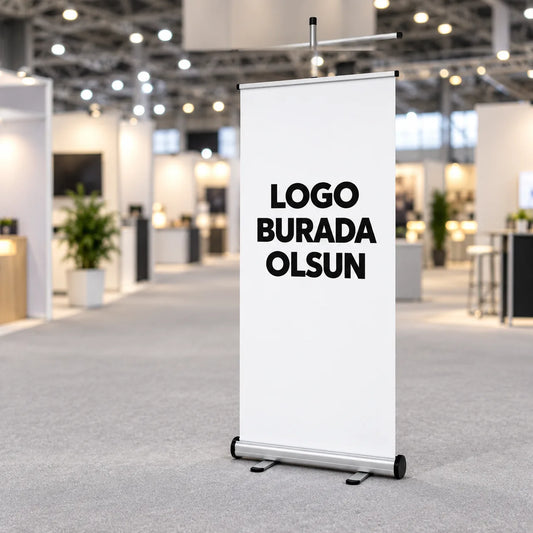 Roll up banner: fuar alanında alüminyum kasetli stand, banner yüzüne logonuz basılır