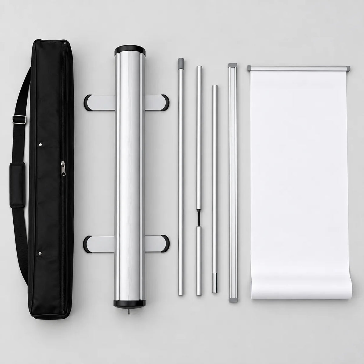 Roll up banner paket içeriği: taşıma çantası, kaset, direk, üst ray ve baskılı banner
