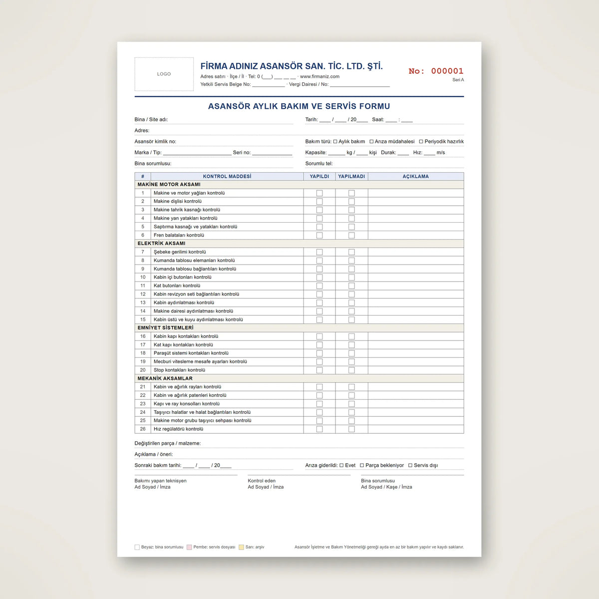 A4 asansör bakım formu, 26 maddelik kontrol listesi, otokopili baskı