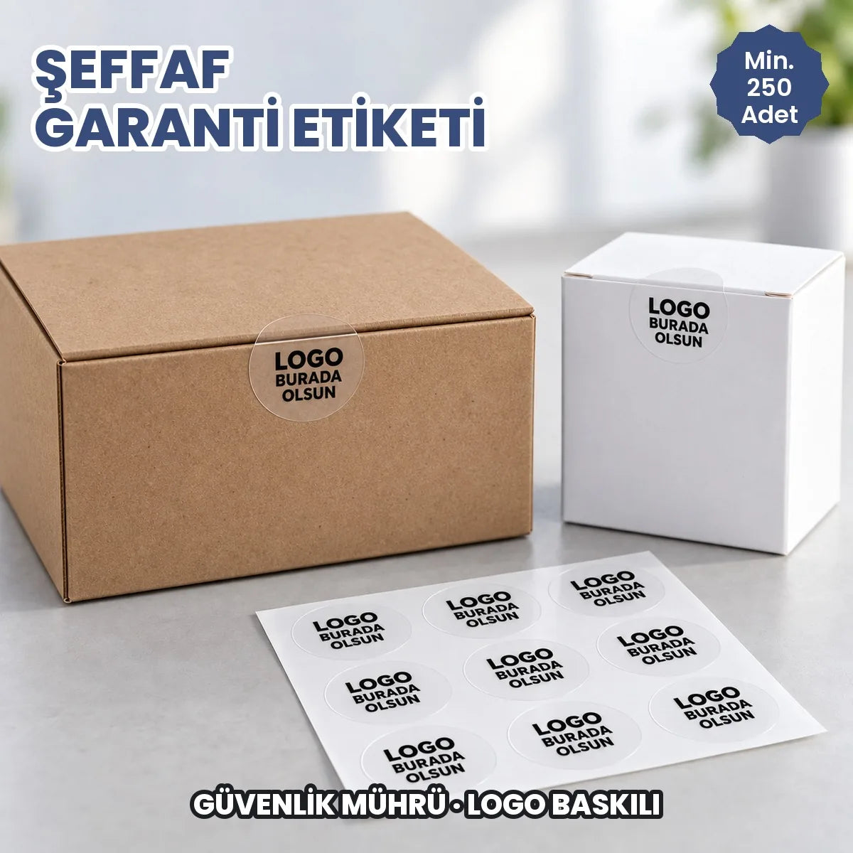 Şeffaf garanti etiketi: logonuzun basılacağı şeffaf güvenlik mührü ürün kutularının kapağında ve tabakada