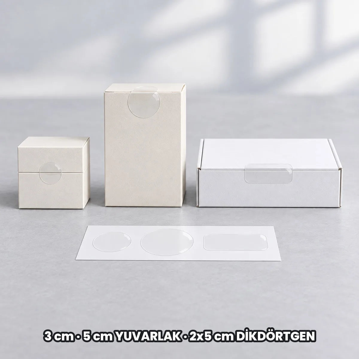 Şeffaf kapatma etiketi ölçüleri: 3 cm ve 5 cm yuvarlak, 2x5 cm dikdörtgen