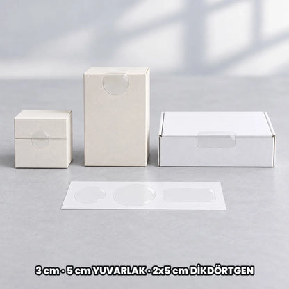 Şeffaf kapatma etiketi ölçüleri: 3 cm ve 5 cm yuvarlak, 2x5 cm dikdörtgen