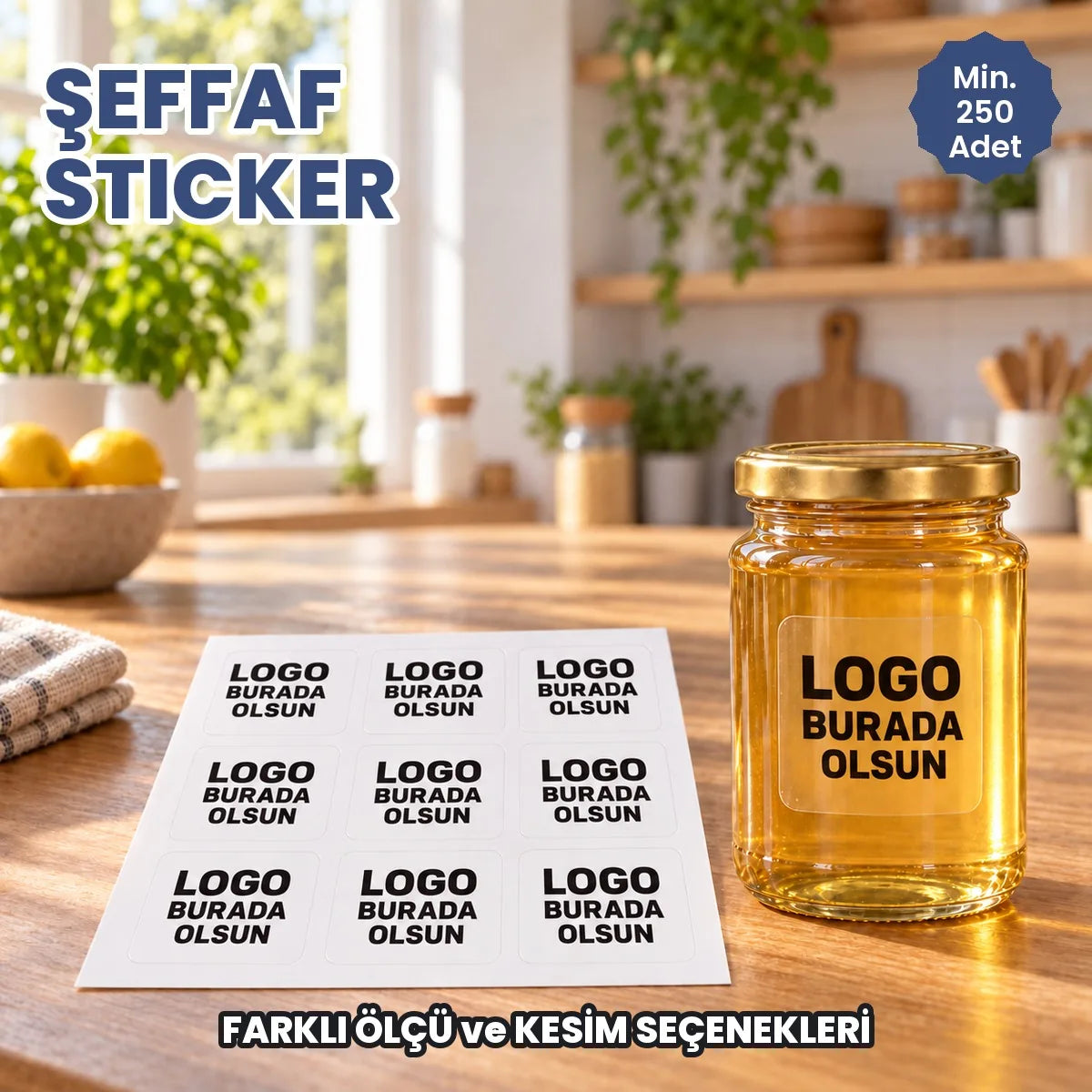 Şeffaf sticker baskı: logonuzun basılacağı şeffaf etiketler bal kavanozunda ve tabakada