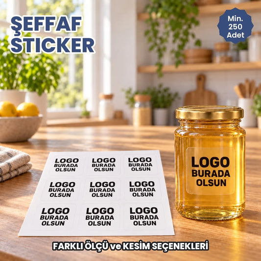 Şeffaf sticker baskı: logonuzun basılacağı şeffaf etiketler bal kavanozunda ve tabakada