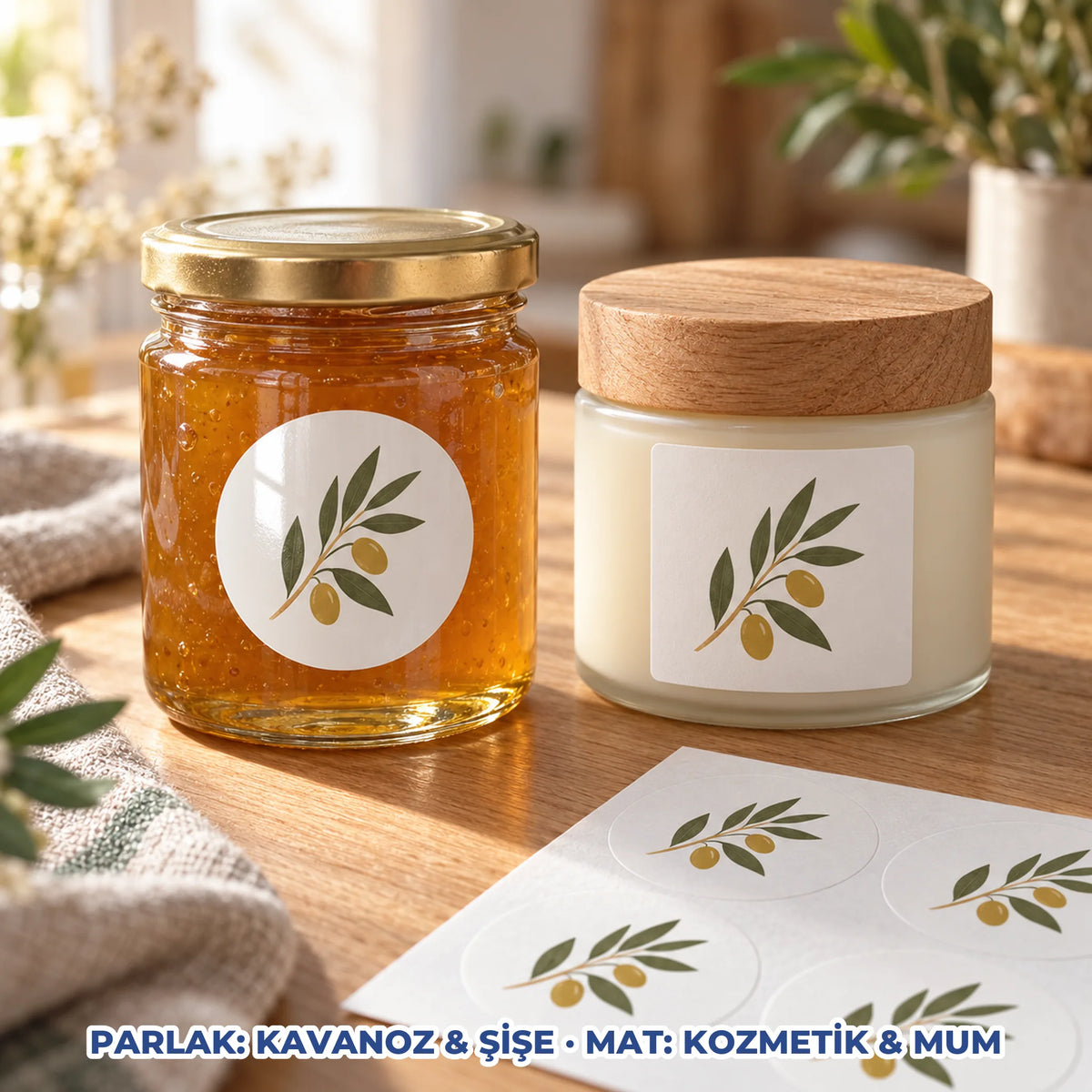 Parlak selefonlu etiket bal kavanozunda, mat selefonlu kare etiket krem kavanozunda