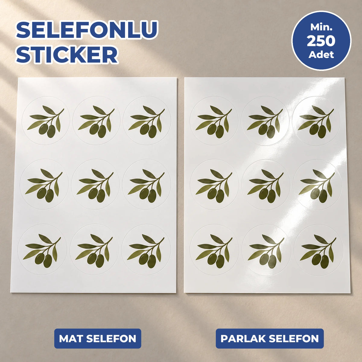 Mat ve parlak selefonlu sticker tabakaları yan yana: solda mat, sağda ışığı yansıtan parlak selefon